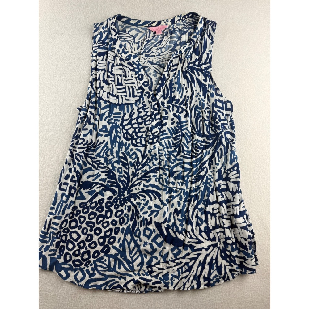 Lilly Pulitzer Blue White Pineapple Print Sleeveless V-Neck Rayon Top Medium